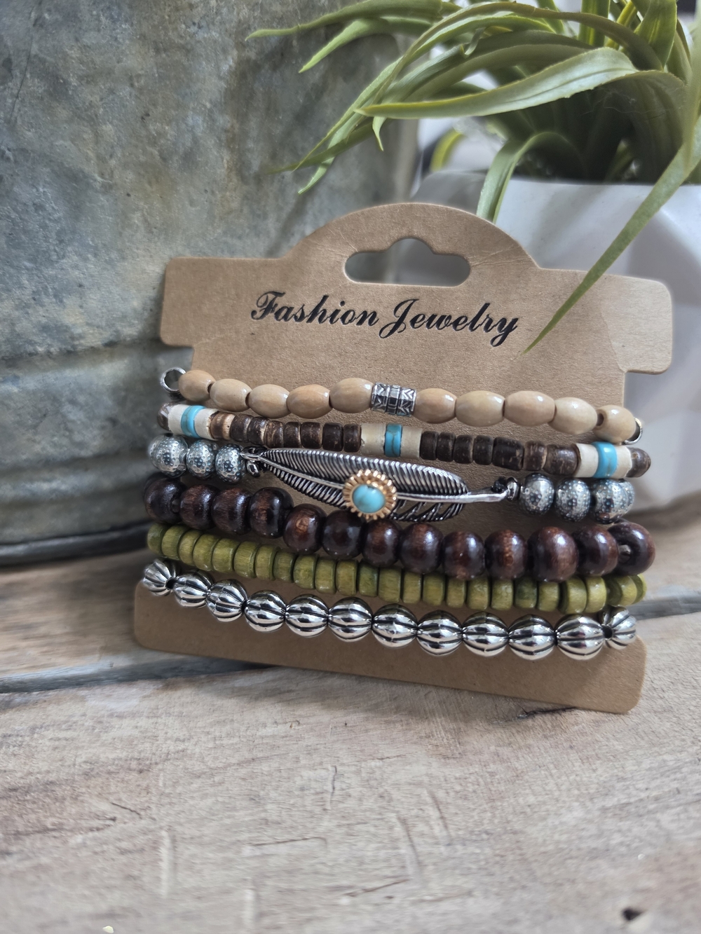 Boho Southwestern Bracelet Set 6 Pc Feather Turquoise Wood Bead Stack Stretch